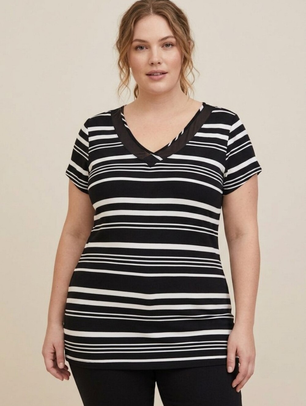 Michel Studio Classic Black White Striped Mesh V-Neck Top, Plus Size 2X